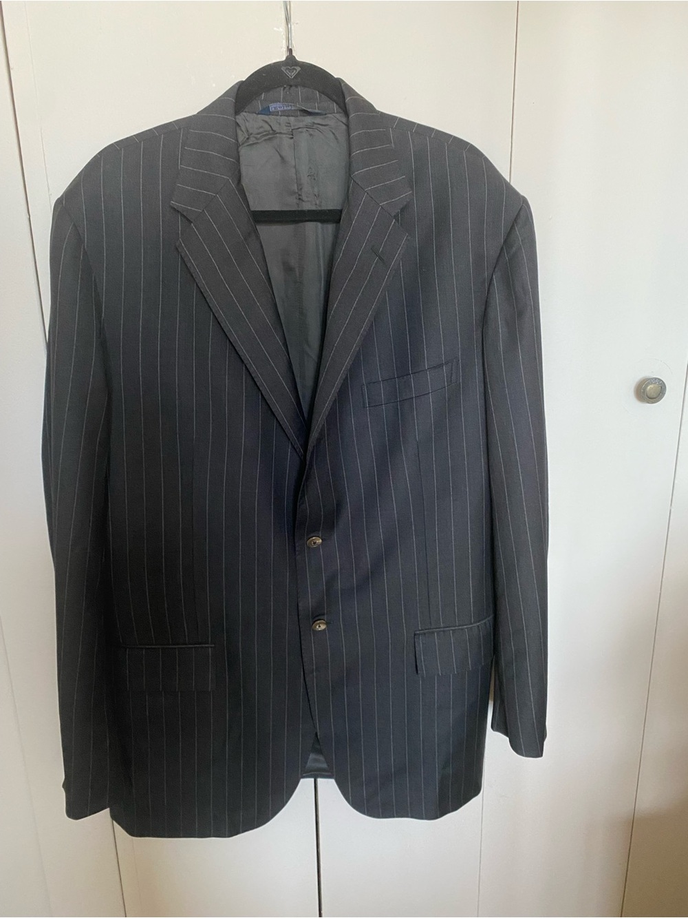 VTG Polo Ralph Lauren Blue Label Pinstripe Suit Jacket 46L 100% Wool Italy